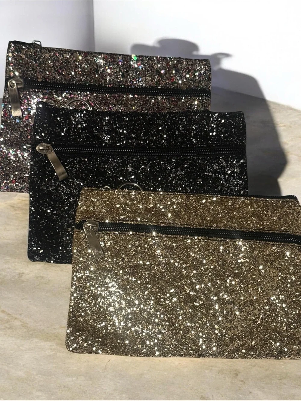 Glitter Zip Clutch - Gold, Black, and Multi-Color ( Set of 3)
